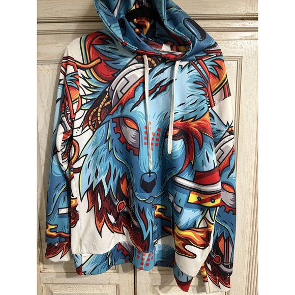 Into the AM Sweater Mens 22" PTP Blue Red Hoodie Hooded Wolf All Over Print - Picture 1 of 6